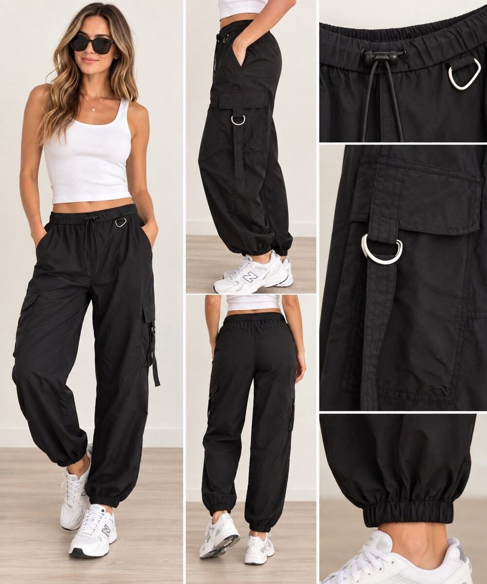 Urben Outfitters Black Cargo Jogger Pants Utility Pockets Elastic Waist Size M